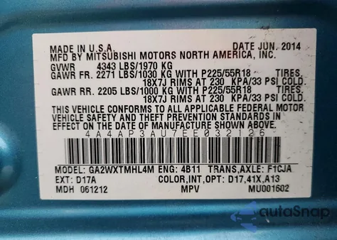 2014 Mitsubishi Outlander Sport Es z USA, uszkodzony, nr VIN 4A4AP3AU7EE032126